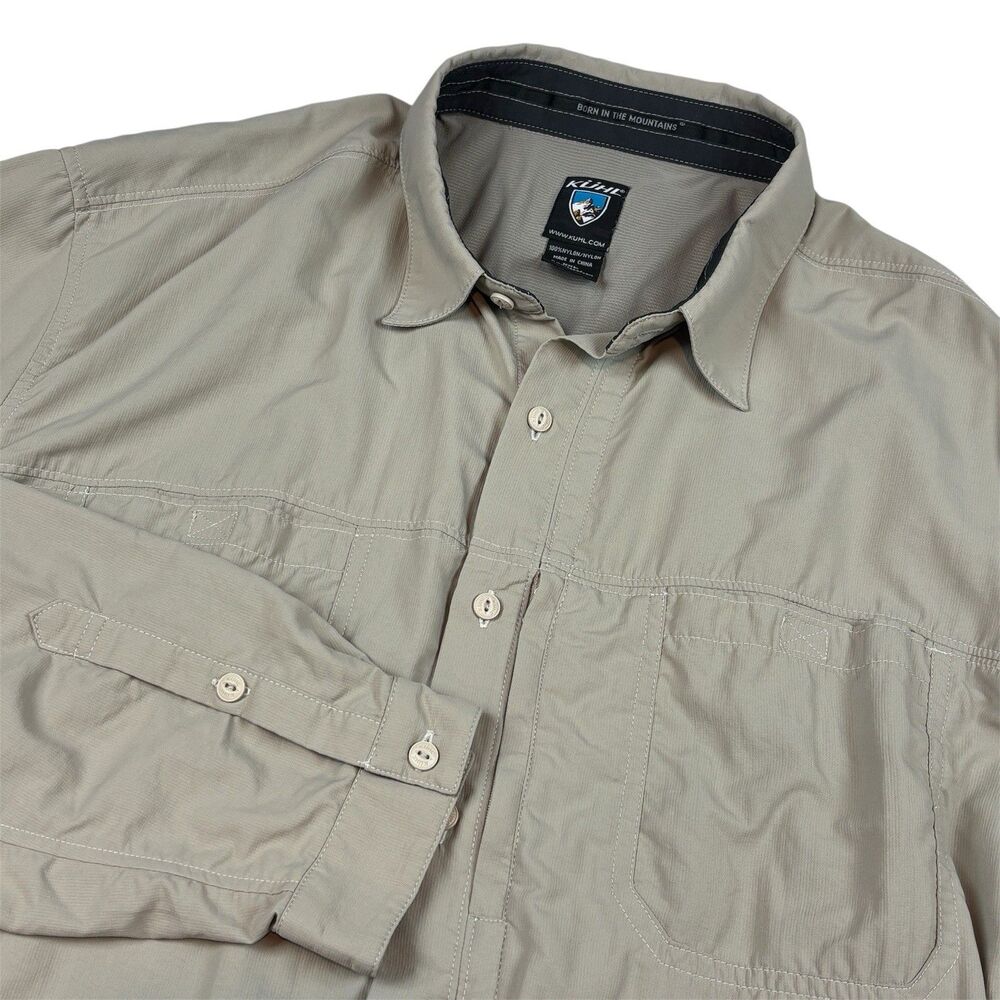 Kuhl EUC Button Down Shirt Mens XXL‎ Tan Long Sleeve Roll Tab Vented Hiking